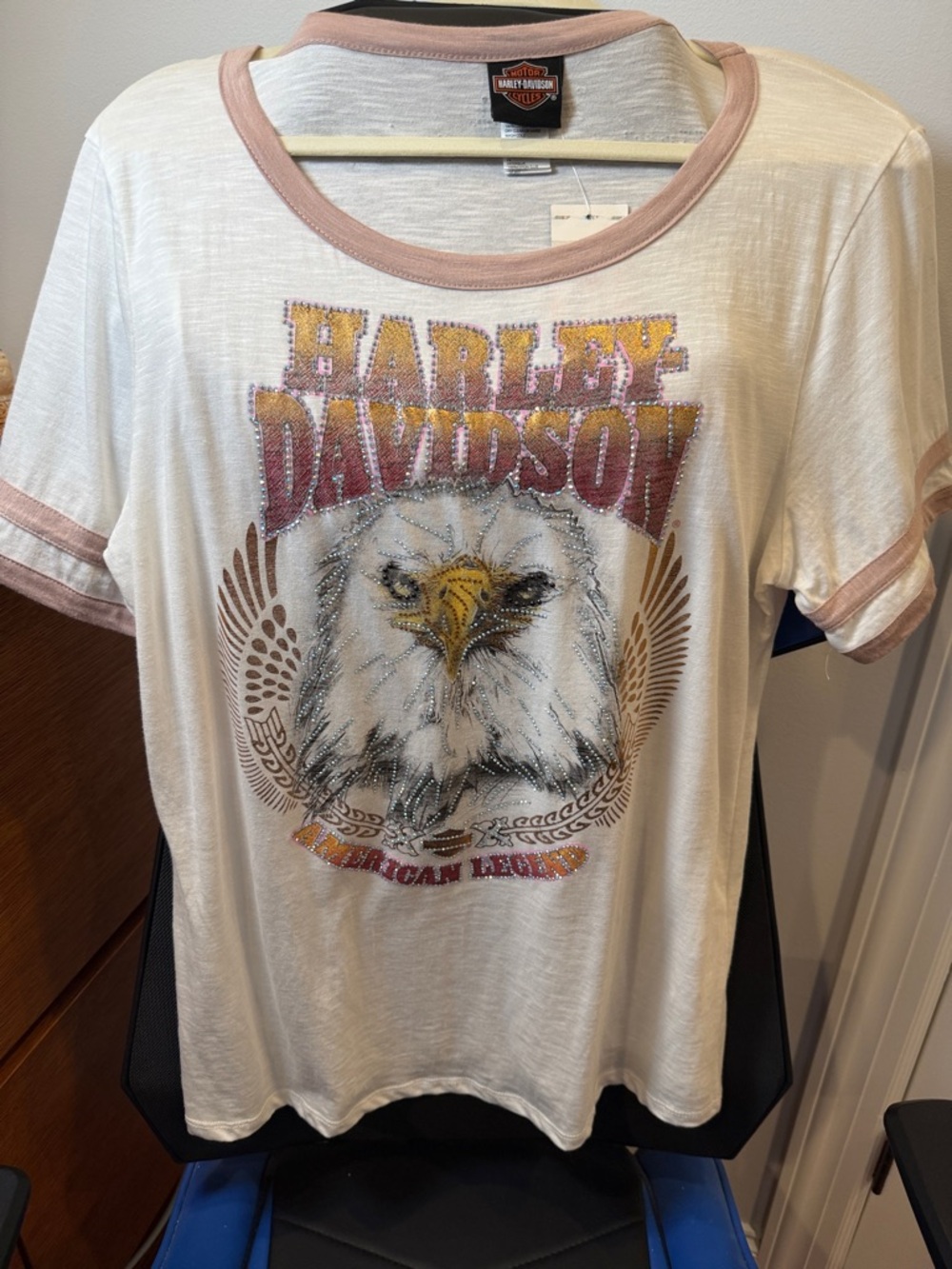 Harley-Davidson Beige Tee with Taupe Trim, Rhinestones, and Eagle Graphic